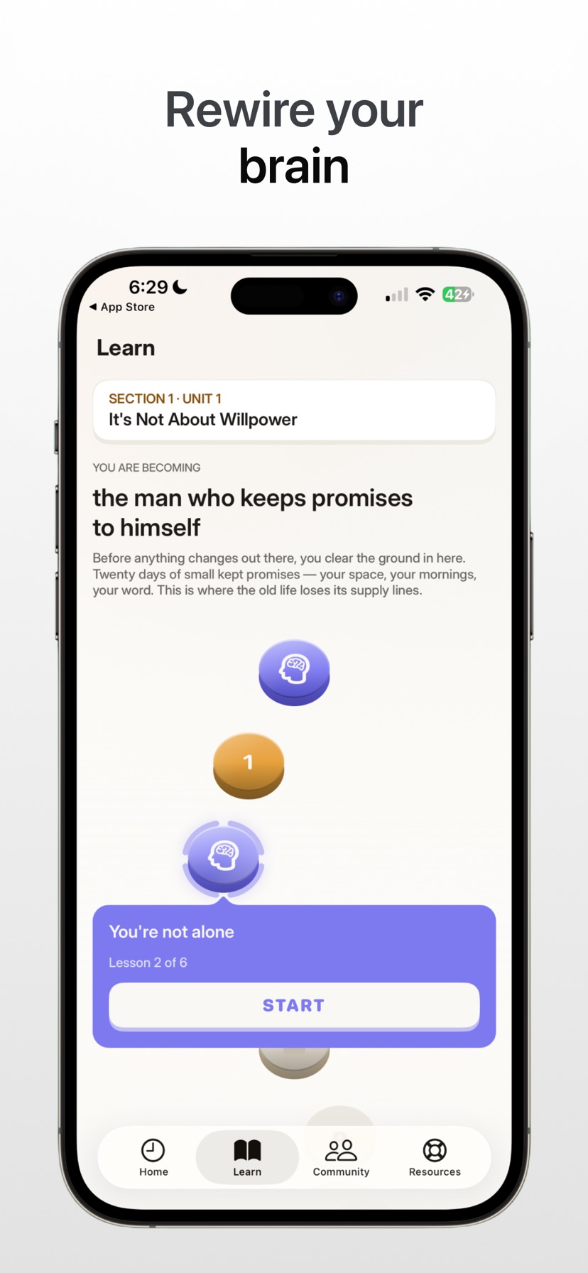 Learn tab: a lesson path with units on willpower, triggers, and rewiring your brain