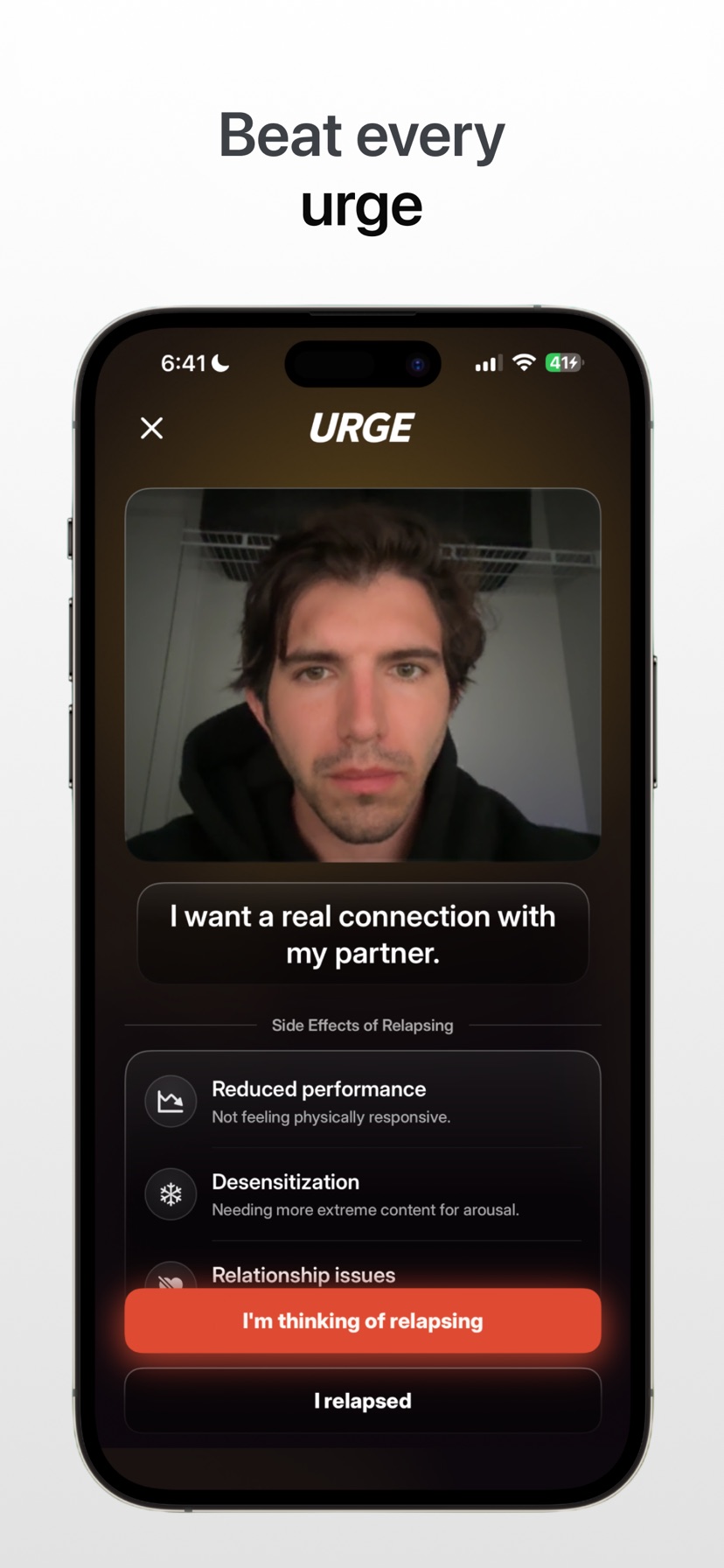Panic Button screen: live camera mirror, your reason for quitting, and the side effects of relapsing